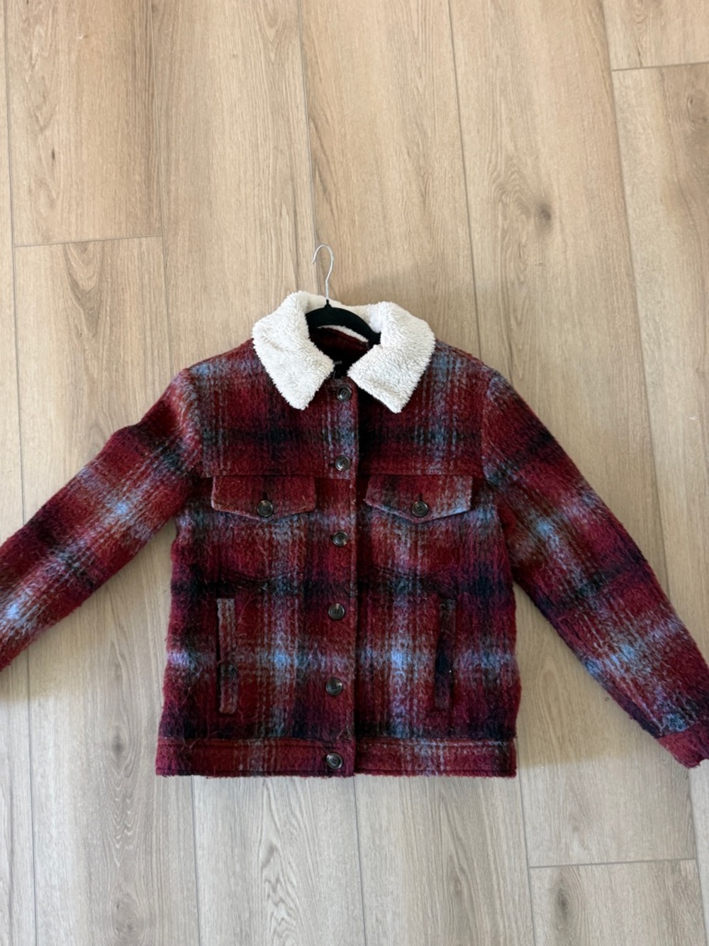 Forever 21 Kids Burgundy Plaid Sherpa Collar Jean Jacket